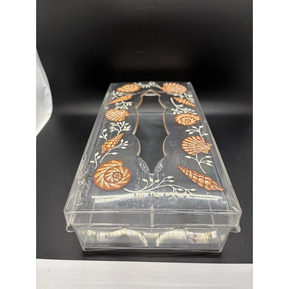 Wolff Tissue Box Holder Cover Clear Lucite Acrylic Plastic Peach Seashells